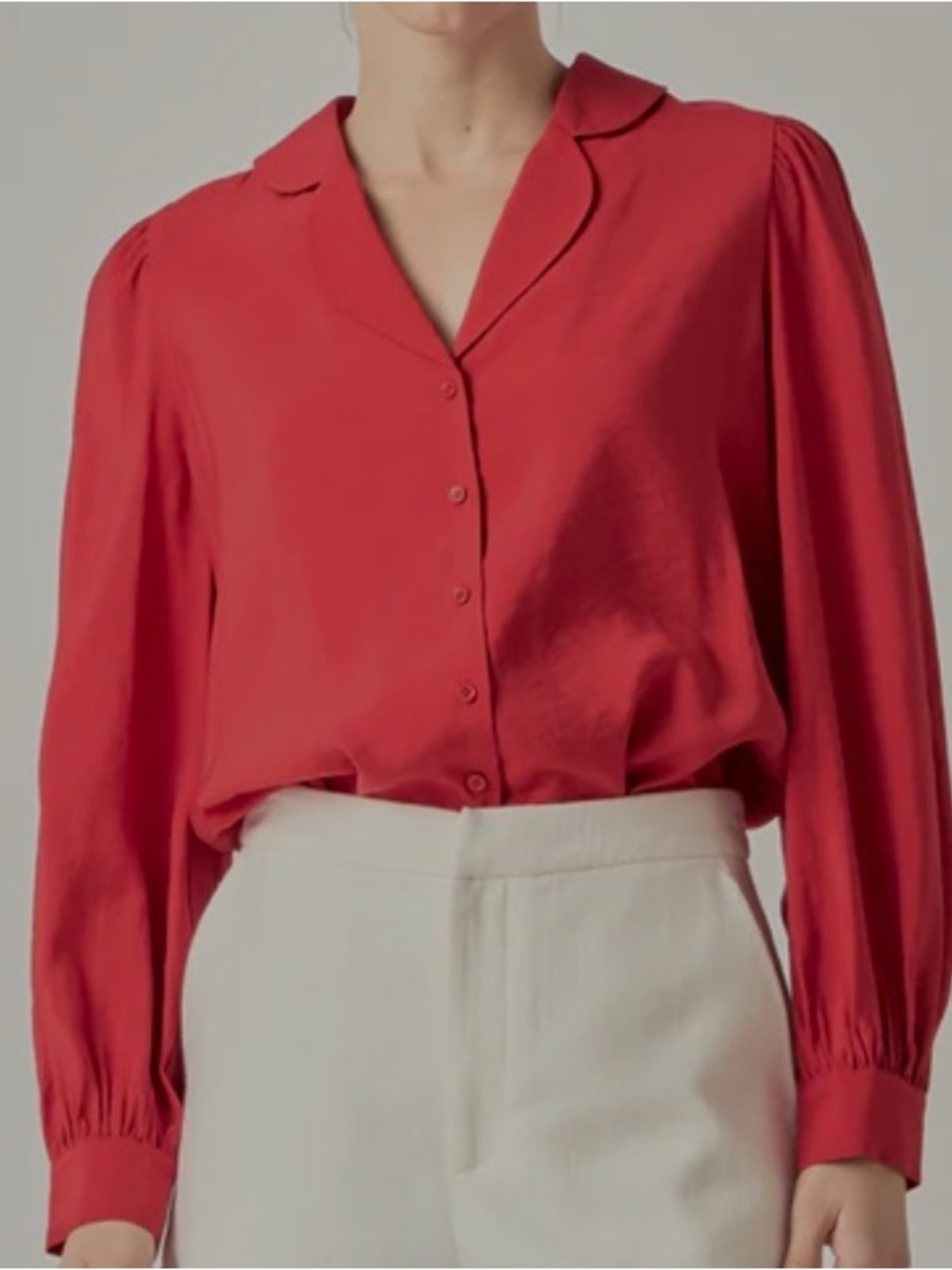 English Factory Scallop Collared Red Button-Front V-Neck Blouse, L